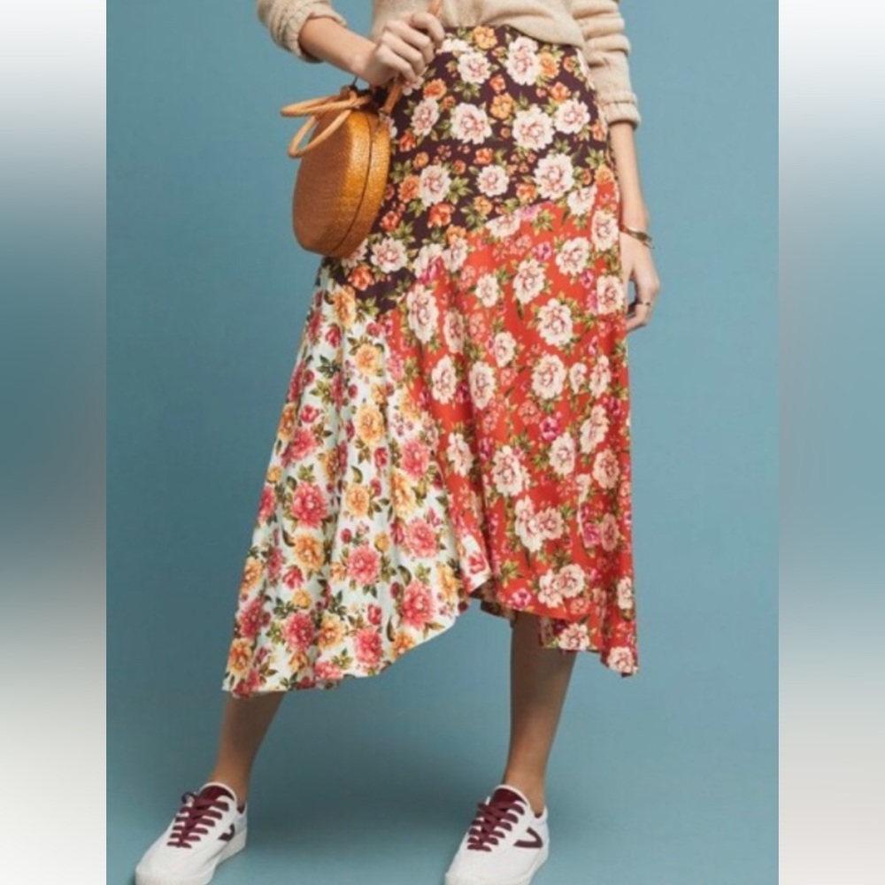 New Anthropologie Farm Rio Patchwork Floral Scarf Fall Autumn Brown Red Skirt M